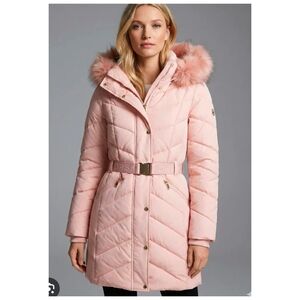 Michael Kors Pink Quilted Ski Jacket with Faux Fur Hood